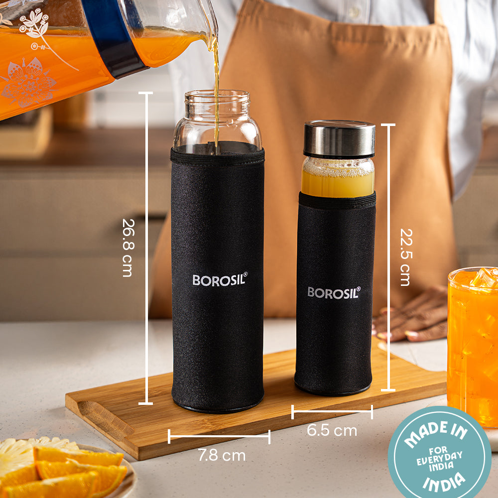 Borosil Neo Glass Bottle SS Lid Wide Mouth w Neoprene Cover, 550 ml