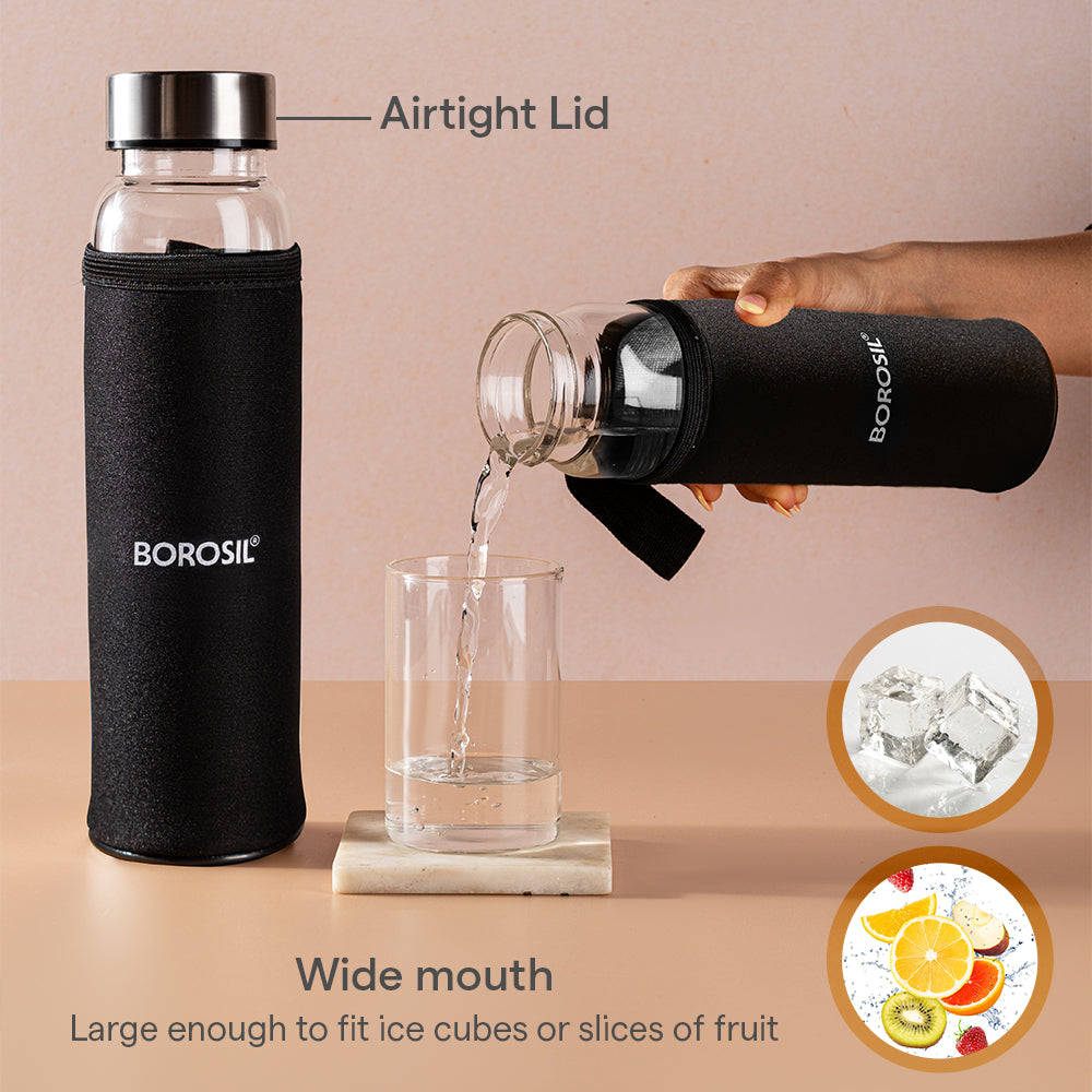 Borosil Neo Glass Bottle SS Lid Wide Mouth w Neoprene Cover, 550 ml
