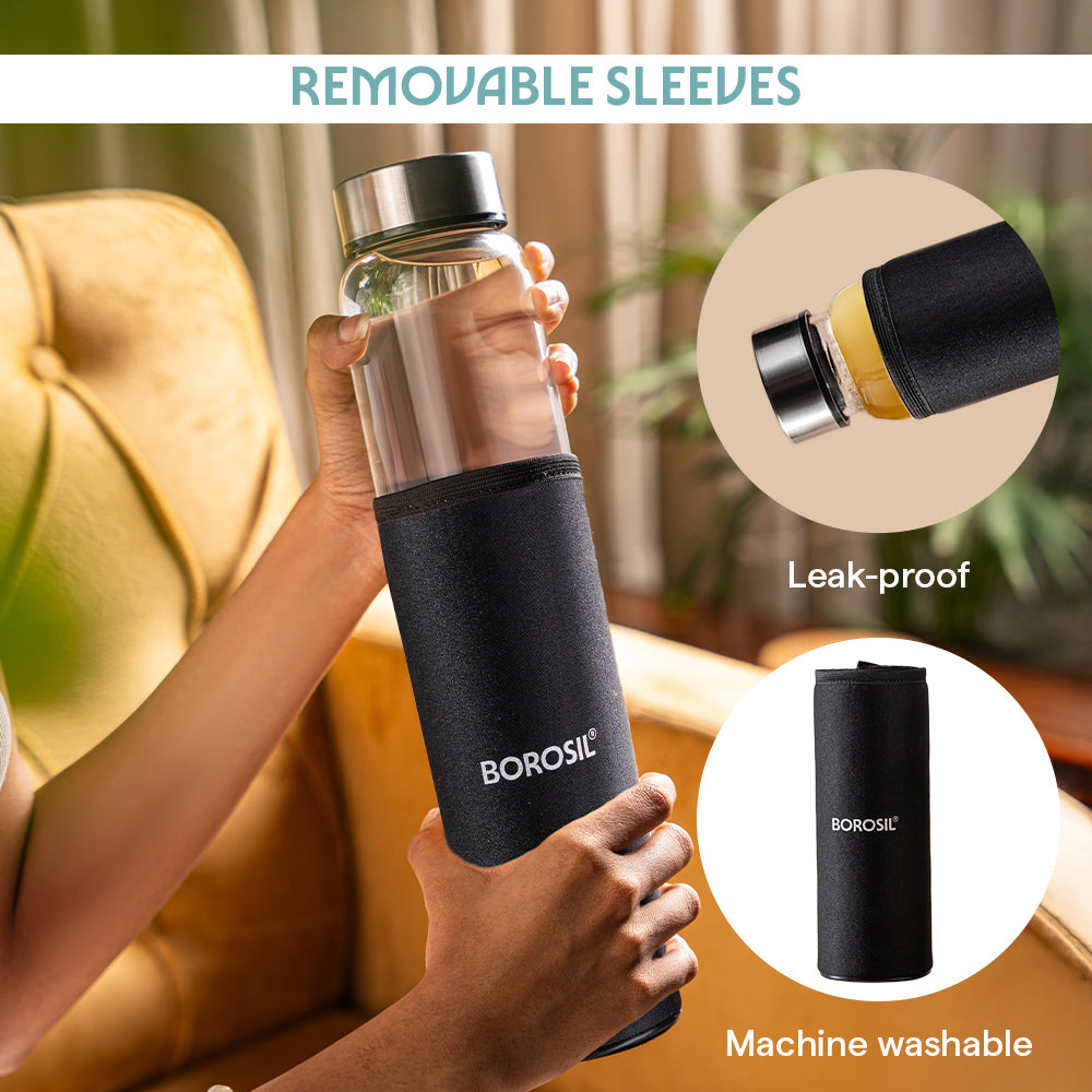 Borosil Neo Glass Bottle SS Lid Wide Mouth w Neoprene Cover, 550 ml