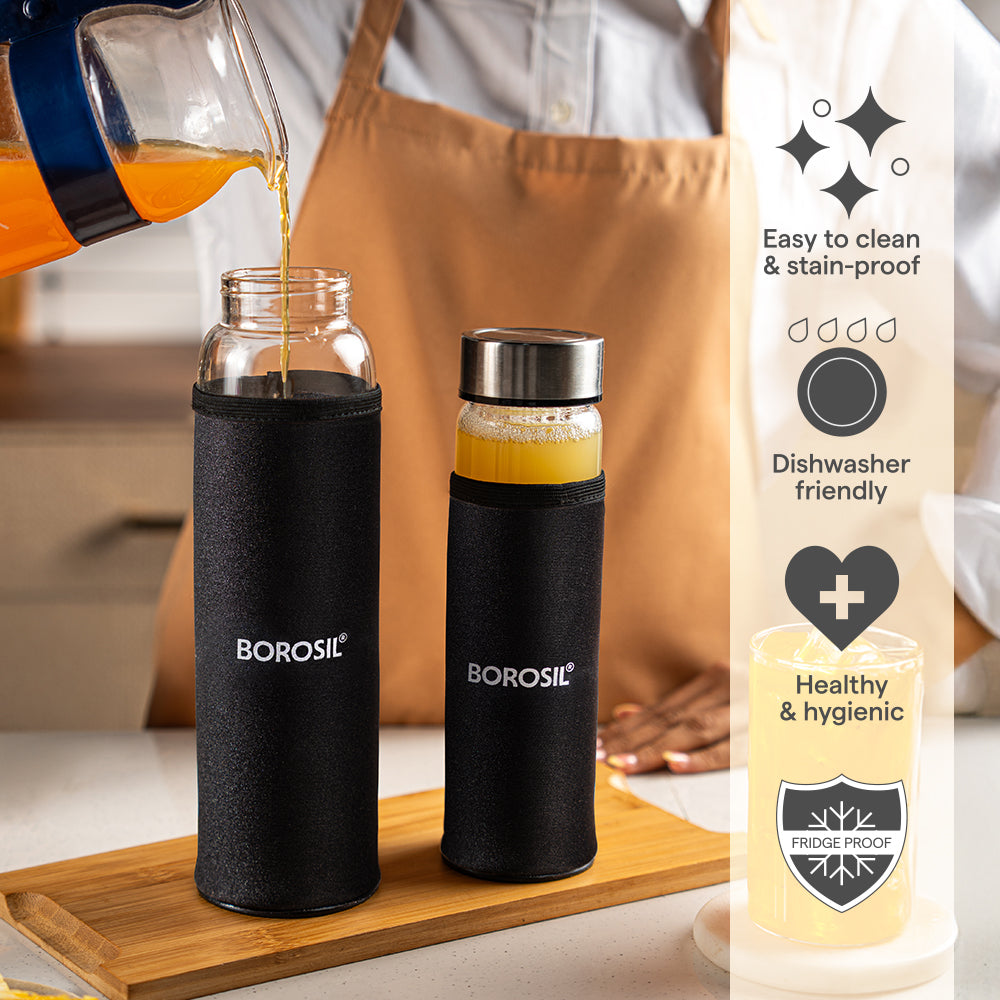 Borosil Neo Glass Bottle SS Lid Wide Mouth w Neoprene Cover, 550 ml