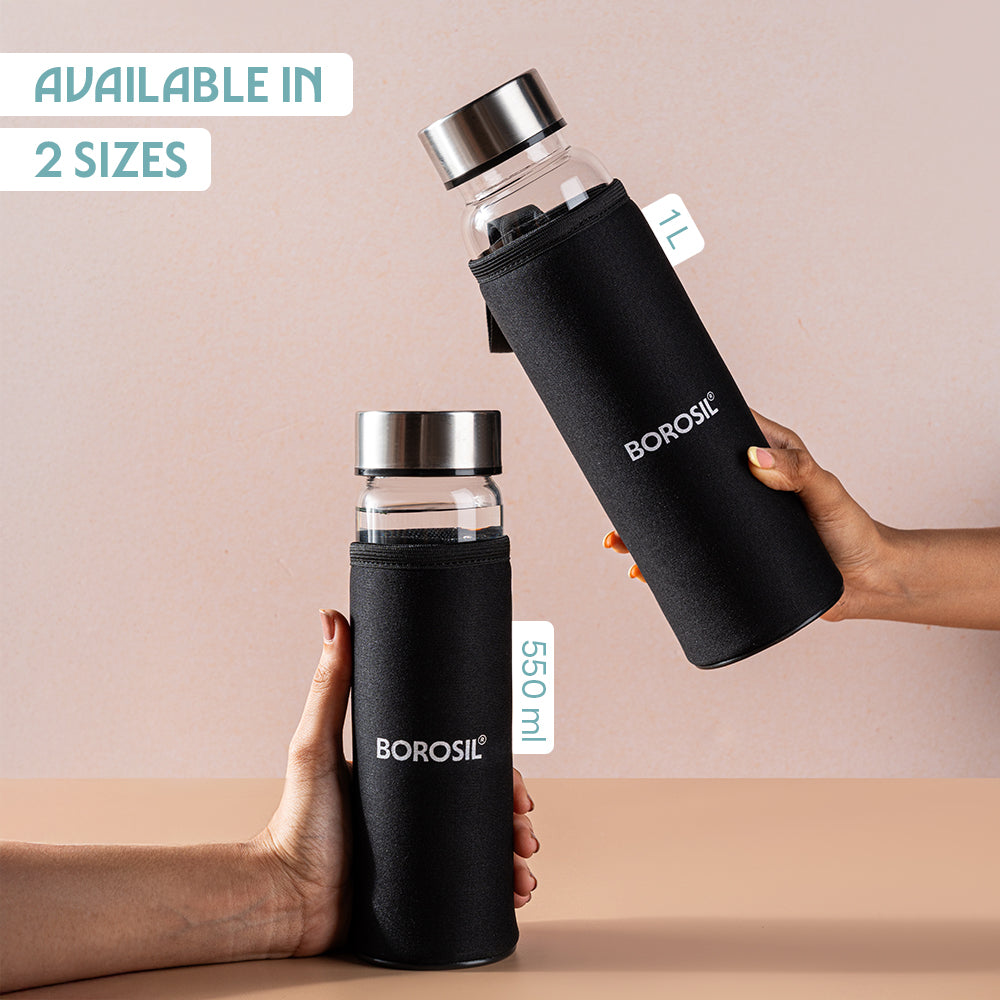 Borosil Neo Glass Bottle SS Lid Wide Mouth w Neoprene Cover, 550 ml