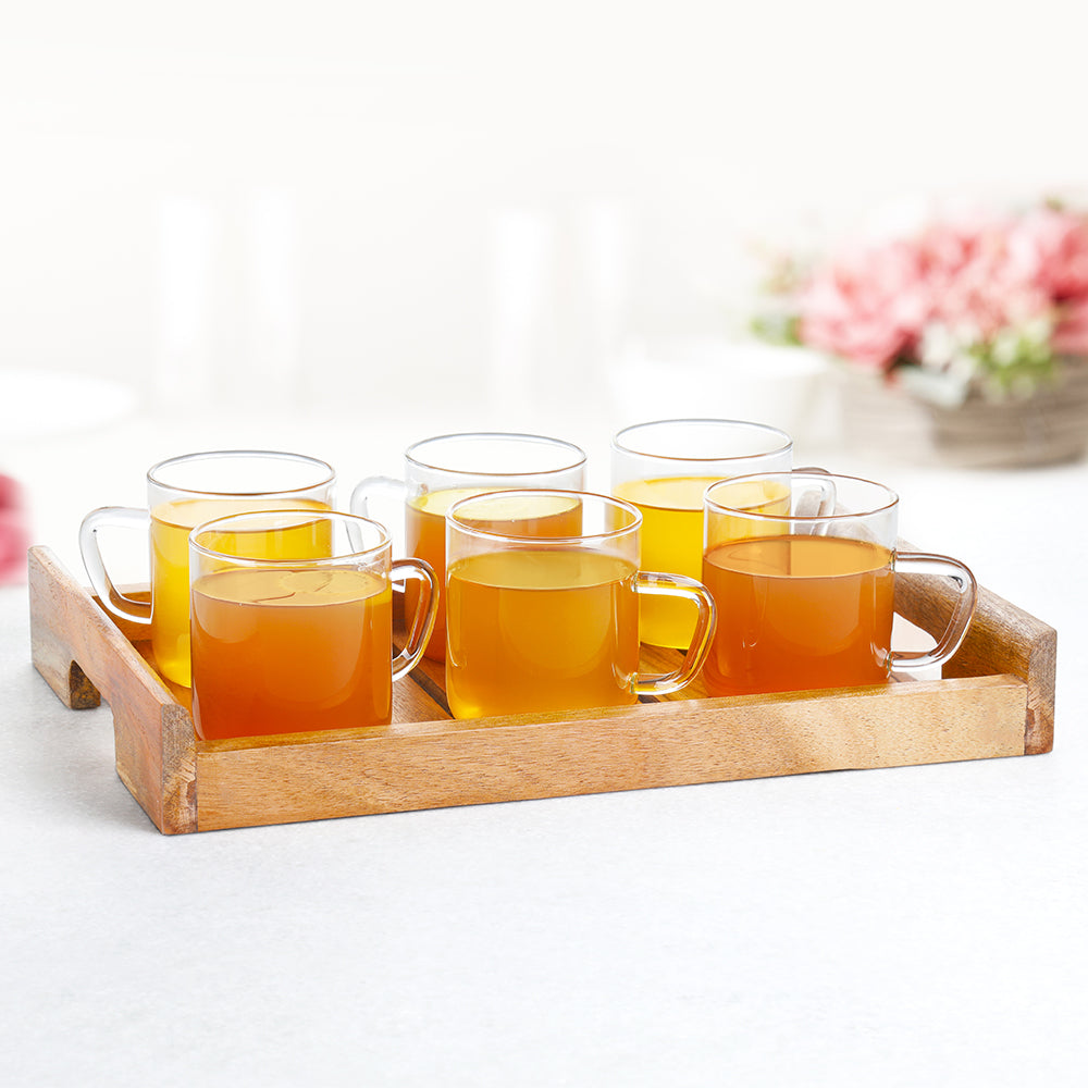 Borosil Vision Classic Delite Mug Set w Wooden Tray, 190ml x 6