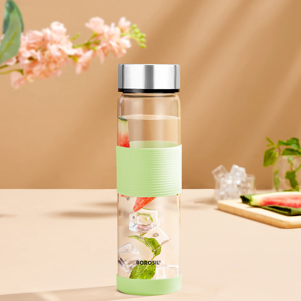 Neo Clear Glass Bottle Wide Mouth w Green Silicon Grip