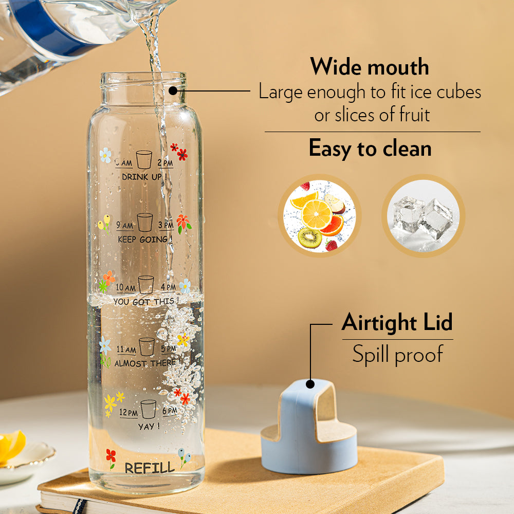 Borosil AM-PM Glass Bottle w Husk Lid, Blue