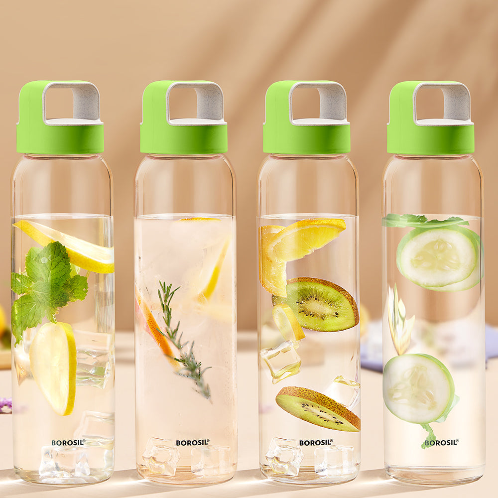 Borosil Neo Glass Water Bottle with Husk Green Lid, 1 L - Set of 4