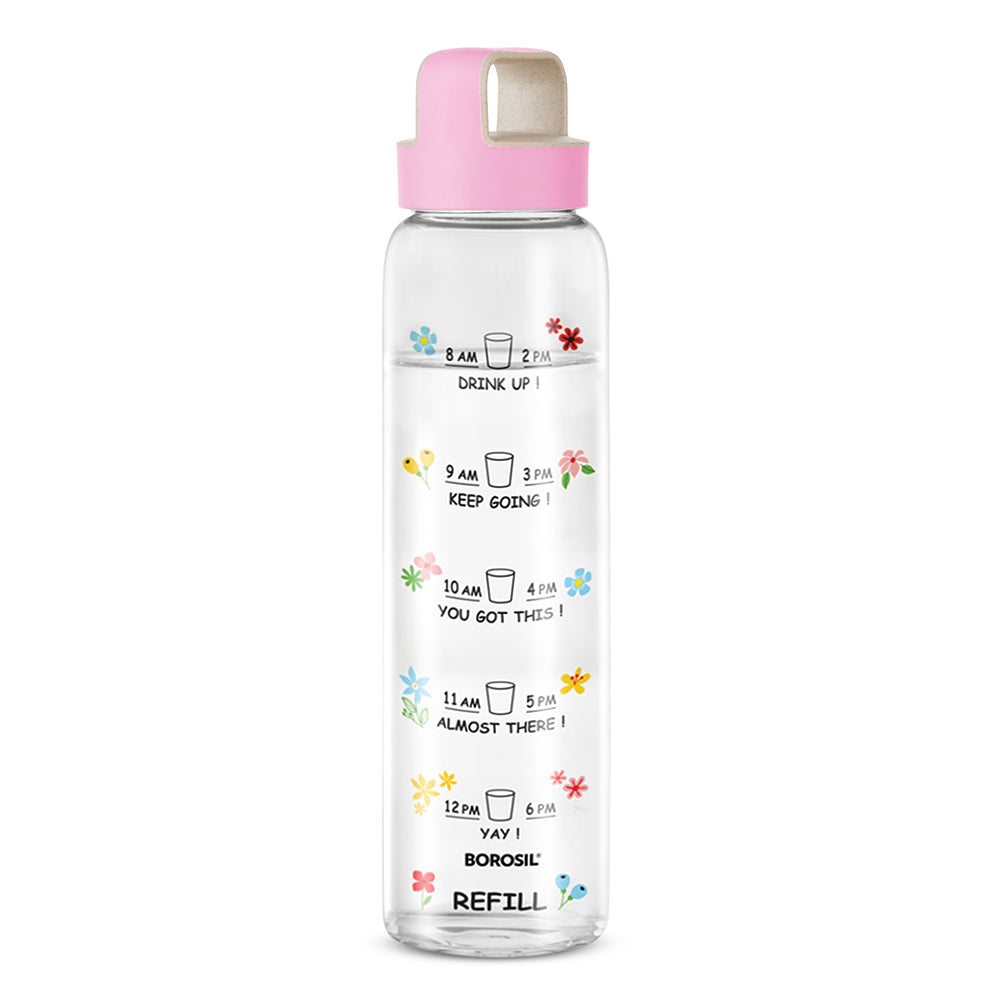 Borosil AM-PM Glass Bottle w Husk Lid, Pink