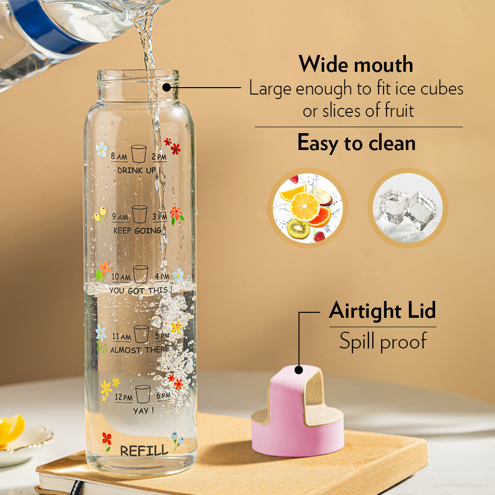 Borosil AM-PM Glass Bottle w Husk Lid, Pink