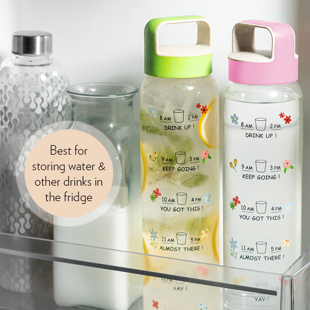 Borosil AM-PM Glass Bottle w Husk Lid, Pink