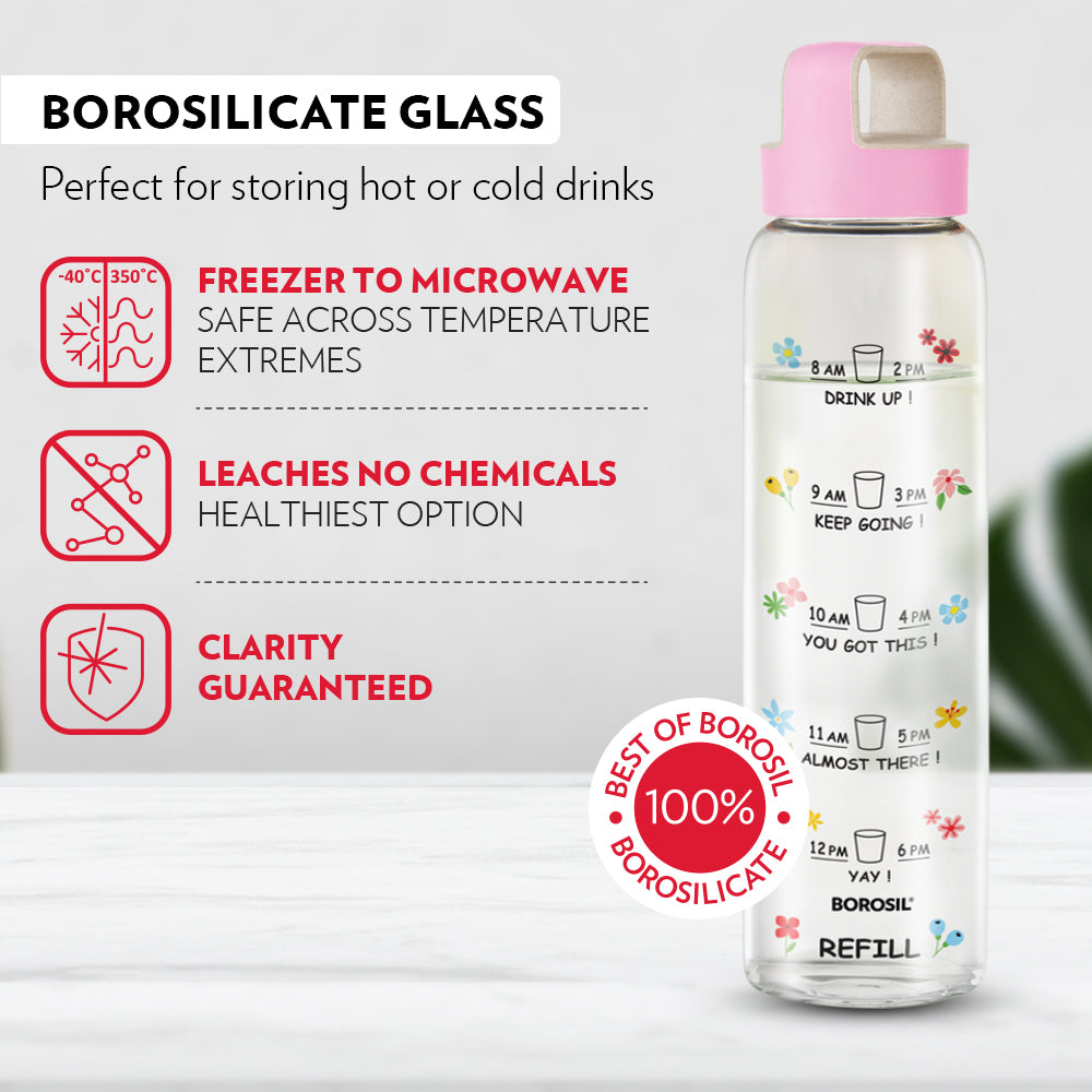 Borosil AM-PM Glass Bottle w Husk Lid, Pink