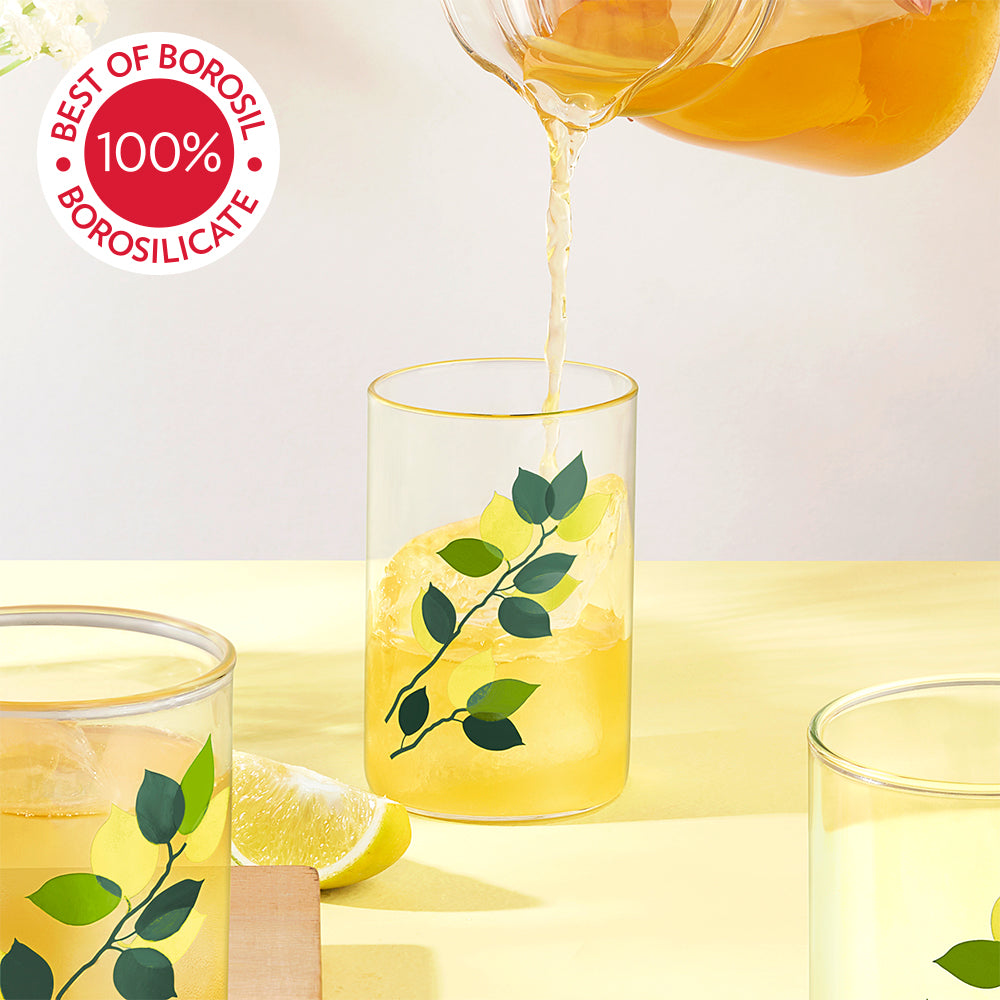 Borosil Vision Green Leaves Glass, Set of 6, 295ml