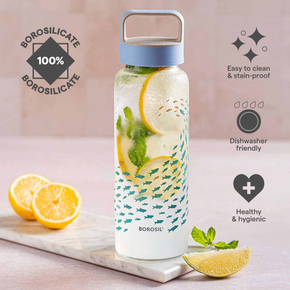 Borosil Marina Glass Bottle w Husk Lid, 750ml