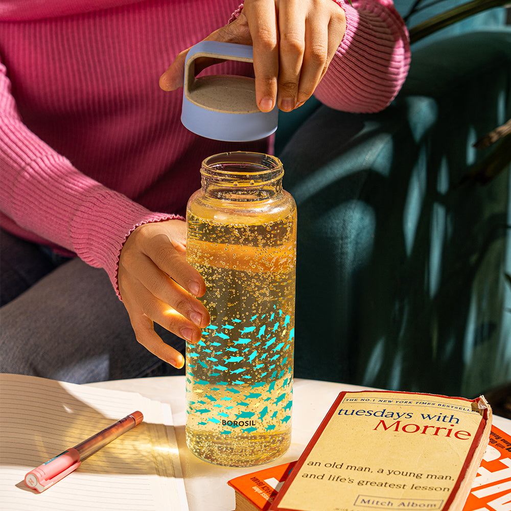 Borosil Marina Glass Bottle w Husk Lid, 750ml