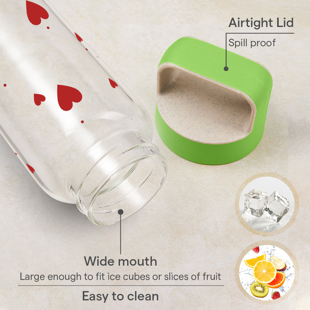 Borosil All Hearts Glass Bottle w Husk Lid, 750ml