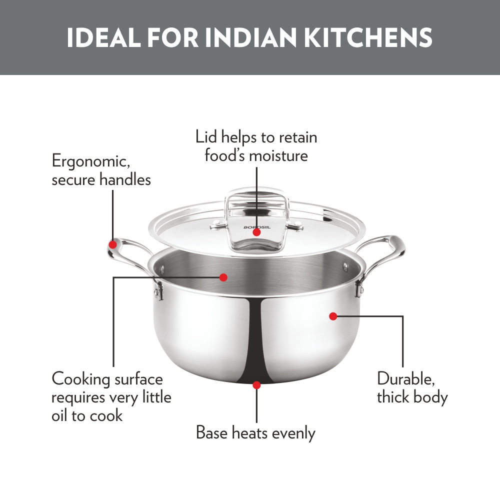 Borosil Cookfresh Triply Casserole (Steel Handle + Lid), 3.6L