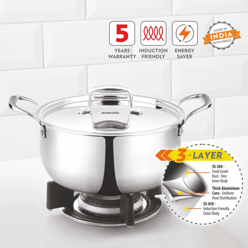 Borosil Cookfresh Triply Casserole (Steel Handle + Lid), 4.6L