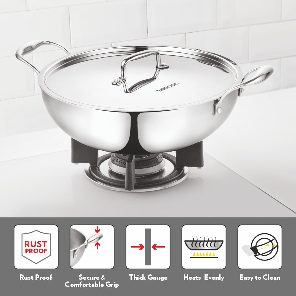 Borosil Cookfresh Triply Kadhai (SS Handle + Lid), 2.7L
