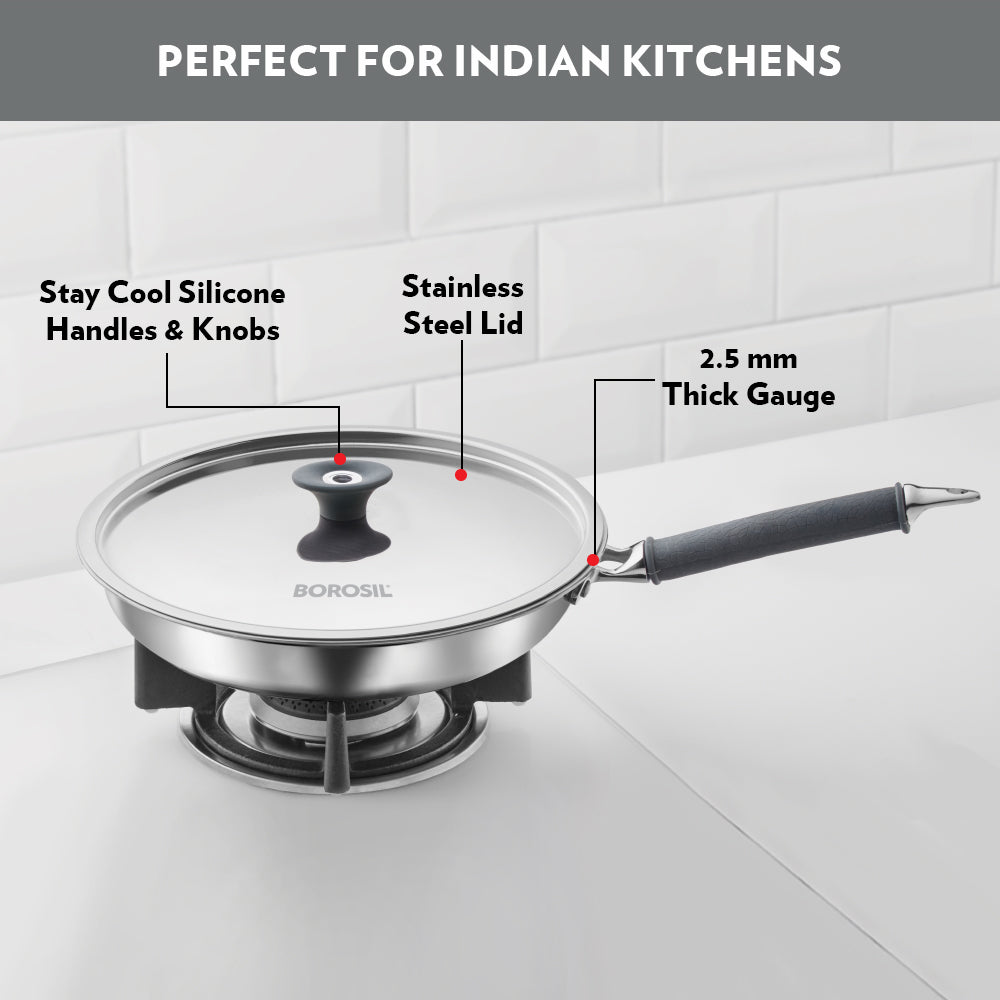 Borosil Cookfresh Triply Frying Pan (Silicone Handle + Lid)