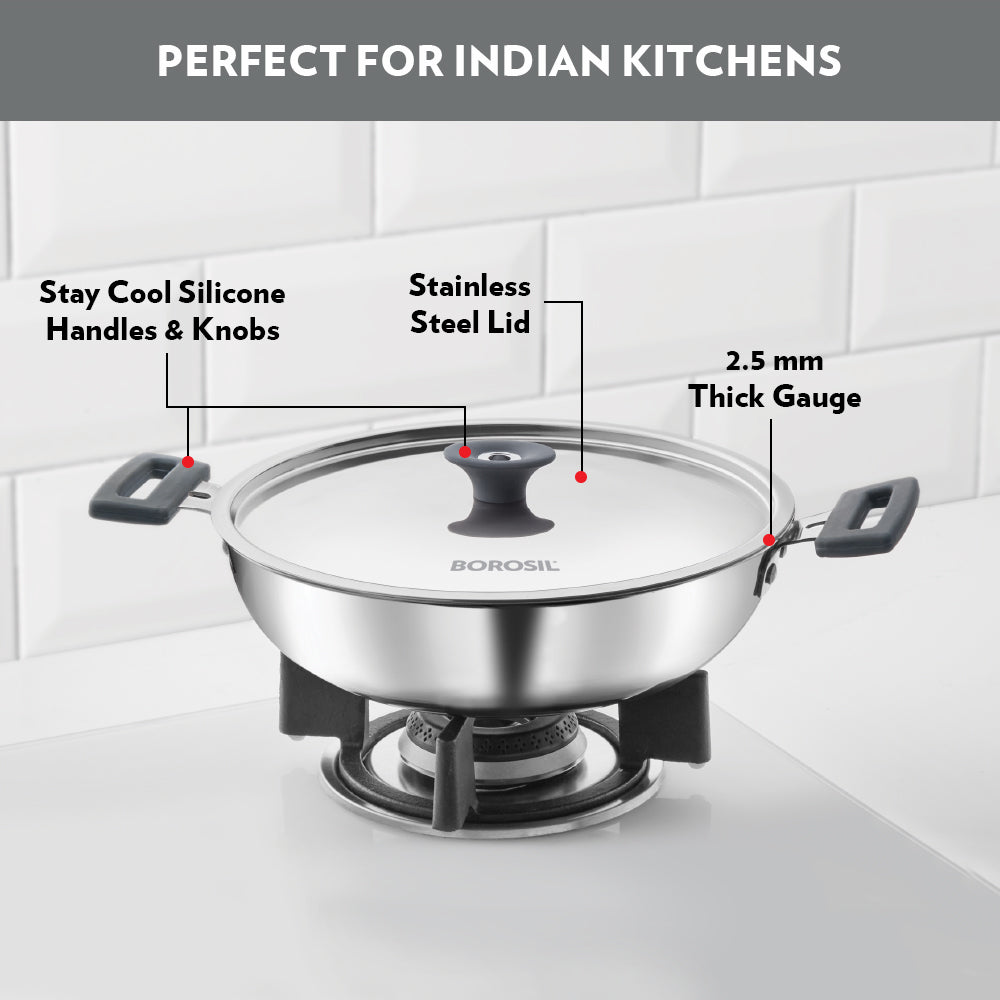 Borosil Cookfresh Triply Kadhai (Silicone Handle + Lid), 1.5L