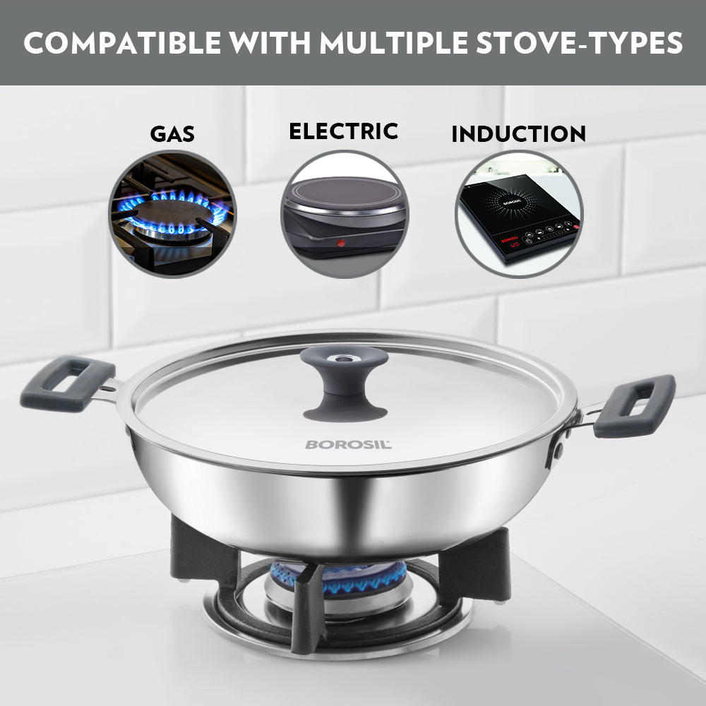 Borosil Cookfresh Triply Kadhai (Silicone Handle + Lid), 1.5L