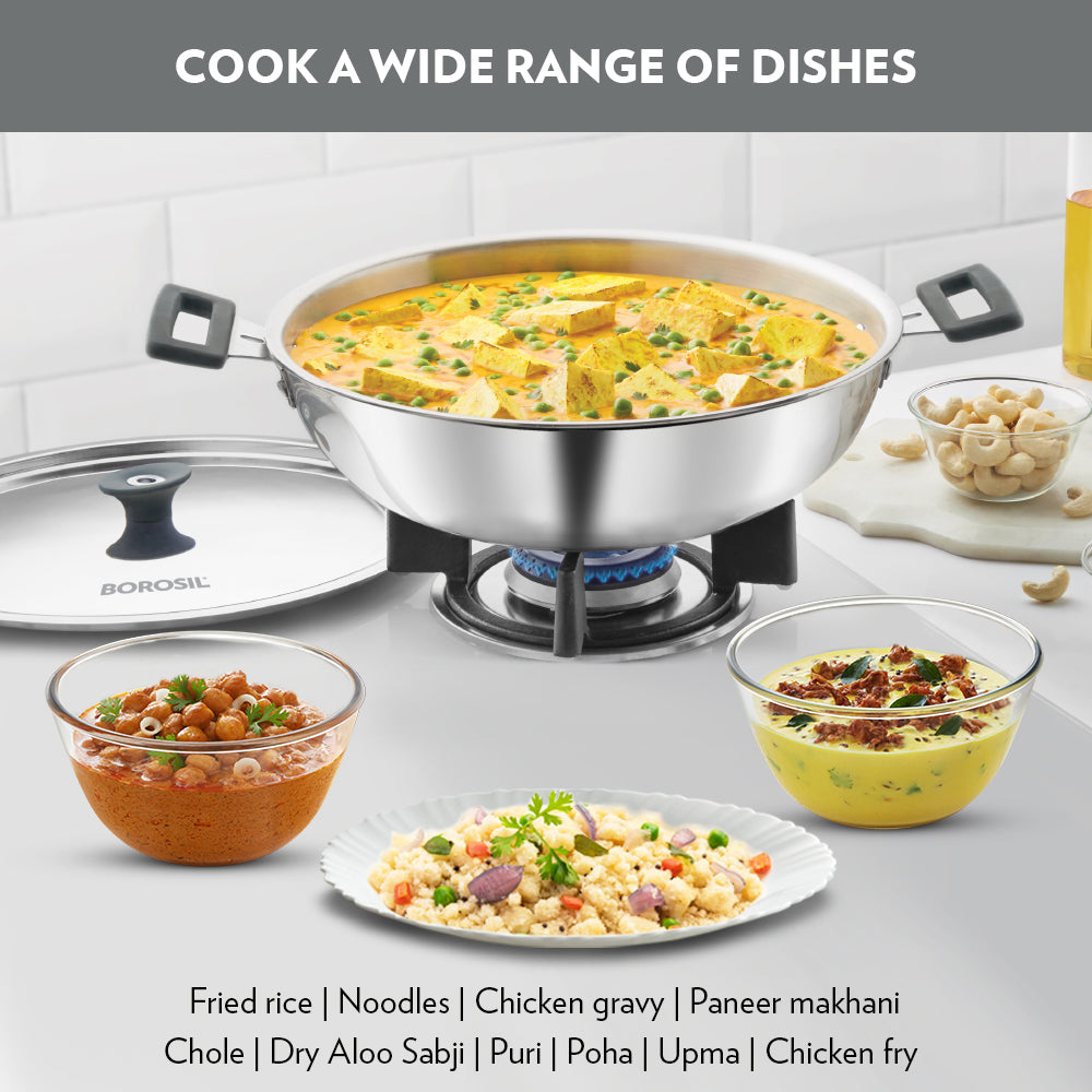 Borosil Cookfresh Triply Kadhai (Silicone Handle + Lid), 1.5L