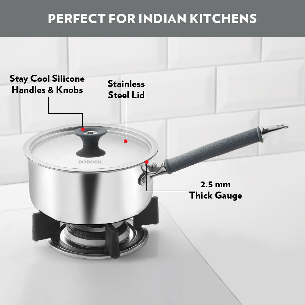 Borosil Cookfresh Triply Saucepan (Silicone Handle + Lid), 2.2L