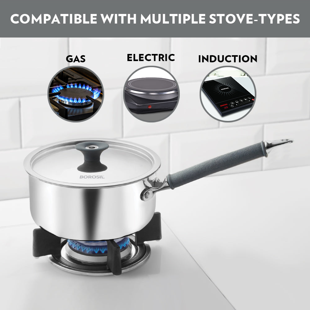 Borosil Cookfresh Triply Saucepan (Silicone Handle + Lid), 2.2L