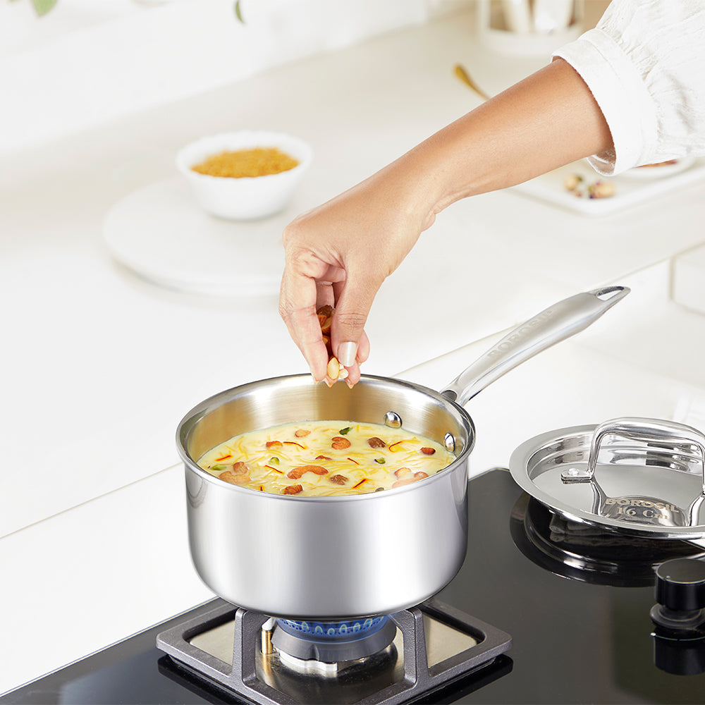 Borosil Cookfresh Triply Saucepan w Lid (Steel Handle), 1.7L/16cm