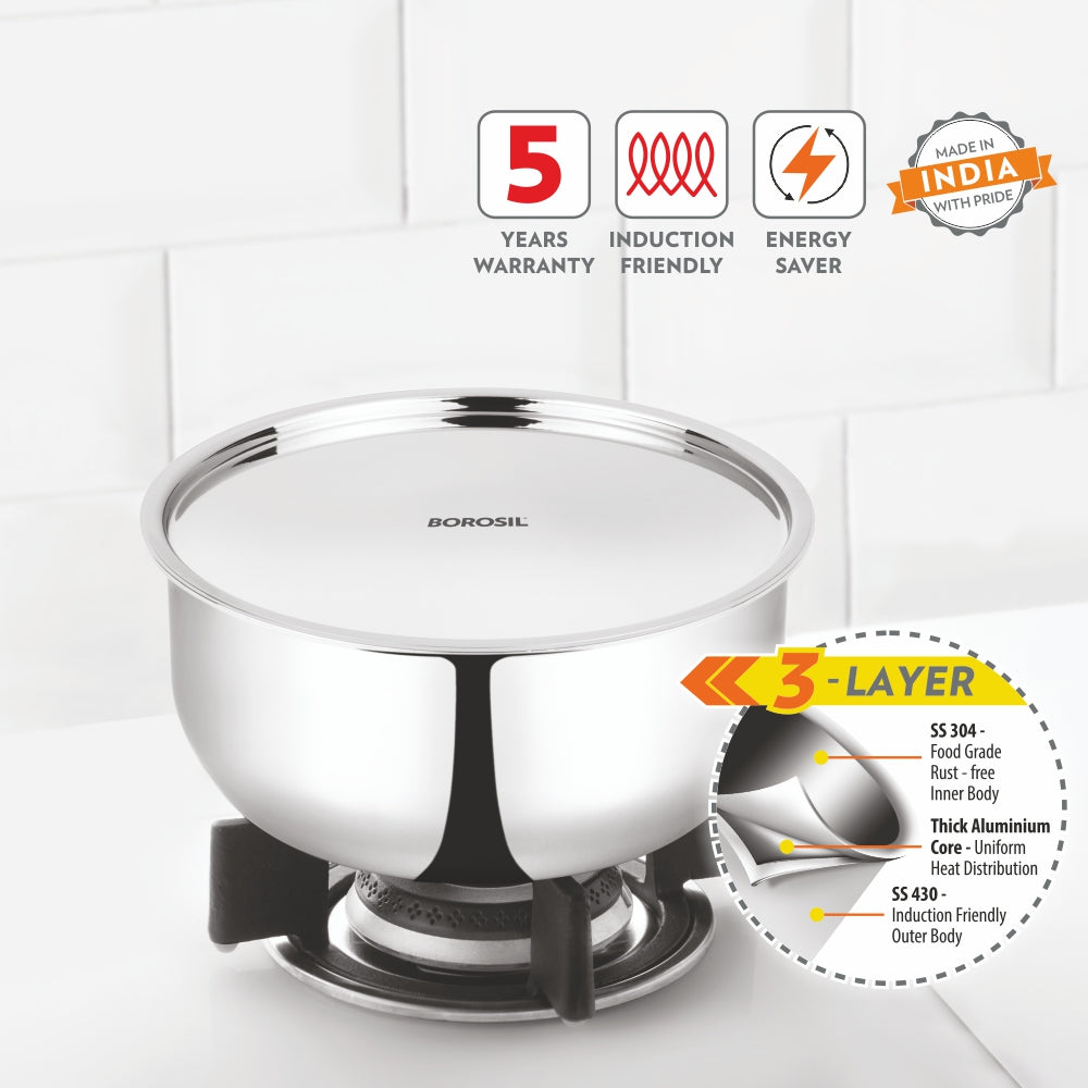 Borosil Cookfresh SS Triply Tope w Lid, 3.1L