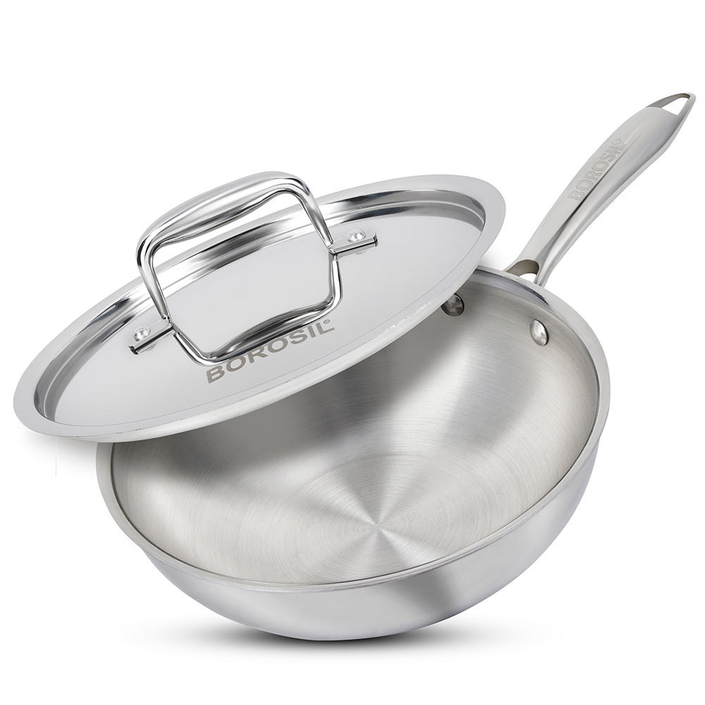 Borosil Cookfresh SS Tri-ply Wok with Lid, 1.75L/20cm