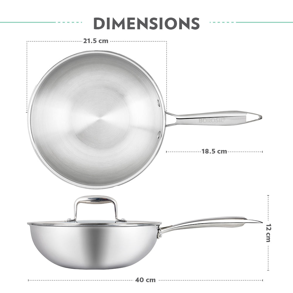 Borosil Cookfresh SS Tri-ply Wok with Lid, 1.75L/20cm