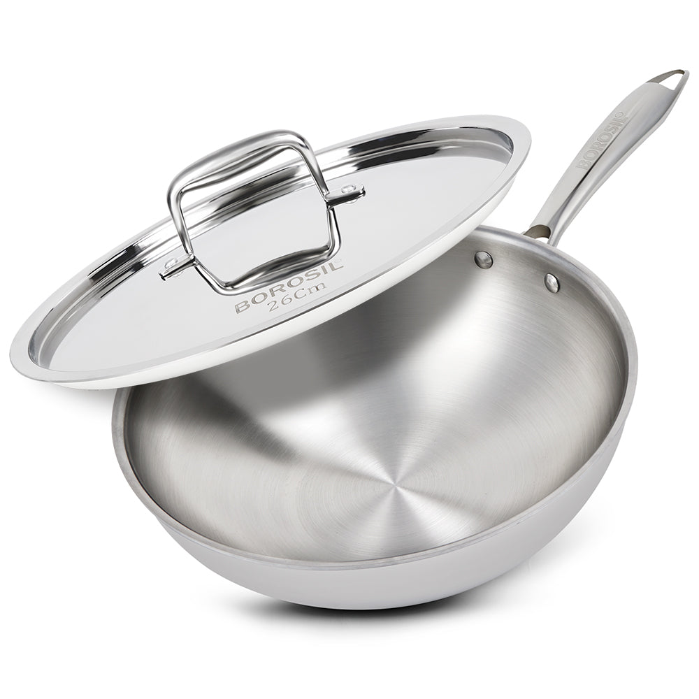 Borosil Cookfresh SS Tri-ply Wok with Lid, 3.5L/26cm
