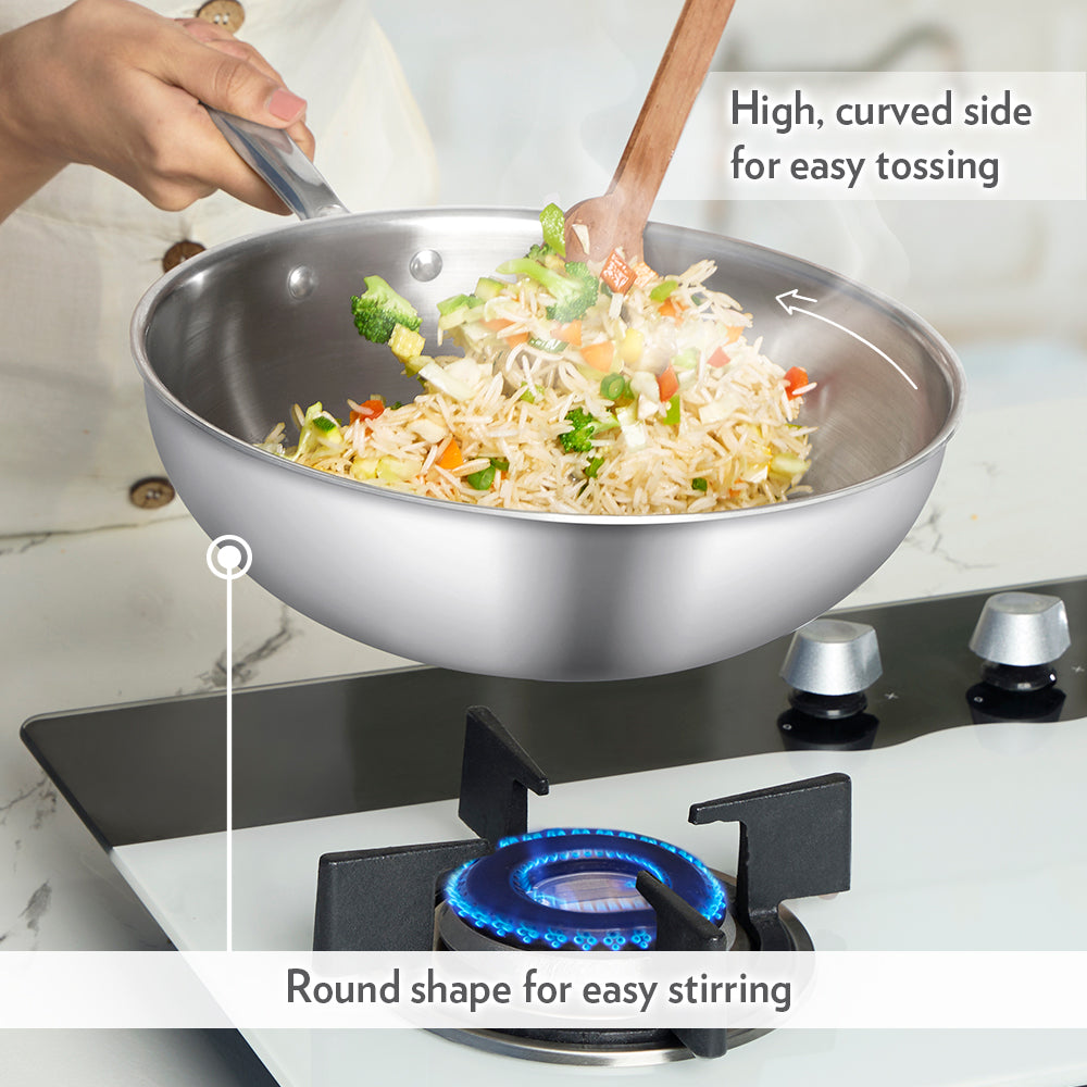 Borosil Cookfresh SS Tri-ply Wok with Lid, 3.5L/26cm