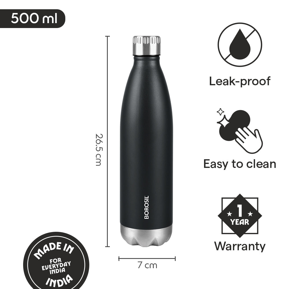 Borosil Bolt Insulated Bottle 500 ml, Matte Black