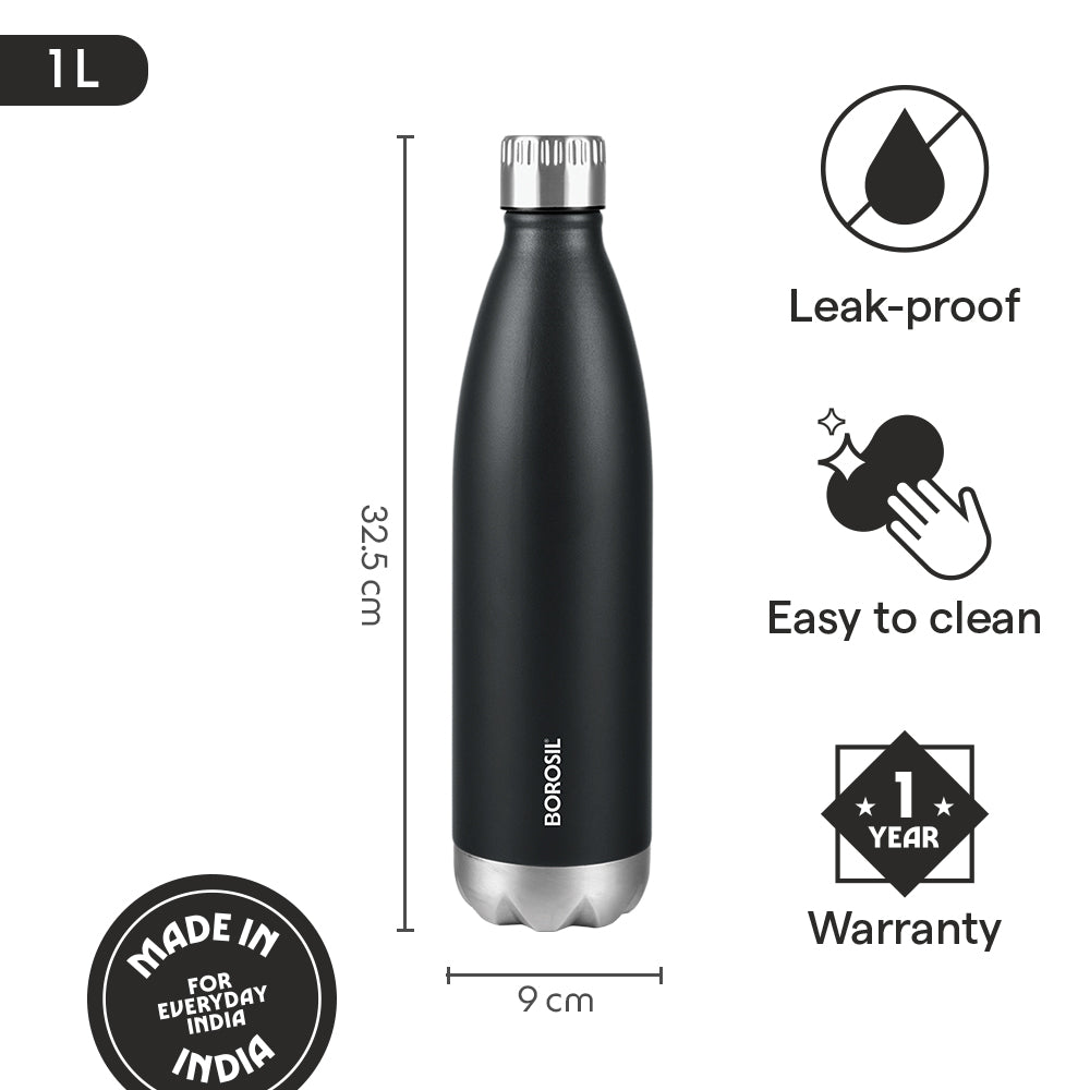 Borosil Bolt Insulated Bottle 1L, Matte Black