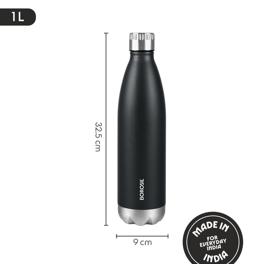 Borosil Bolt Insulated Bottle 1L, Matte Black