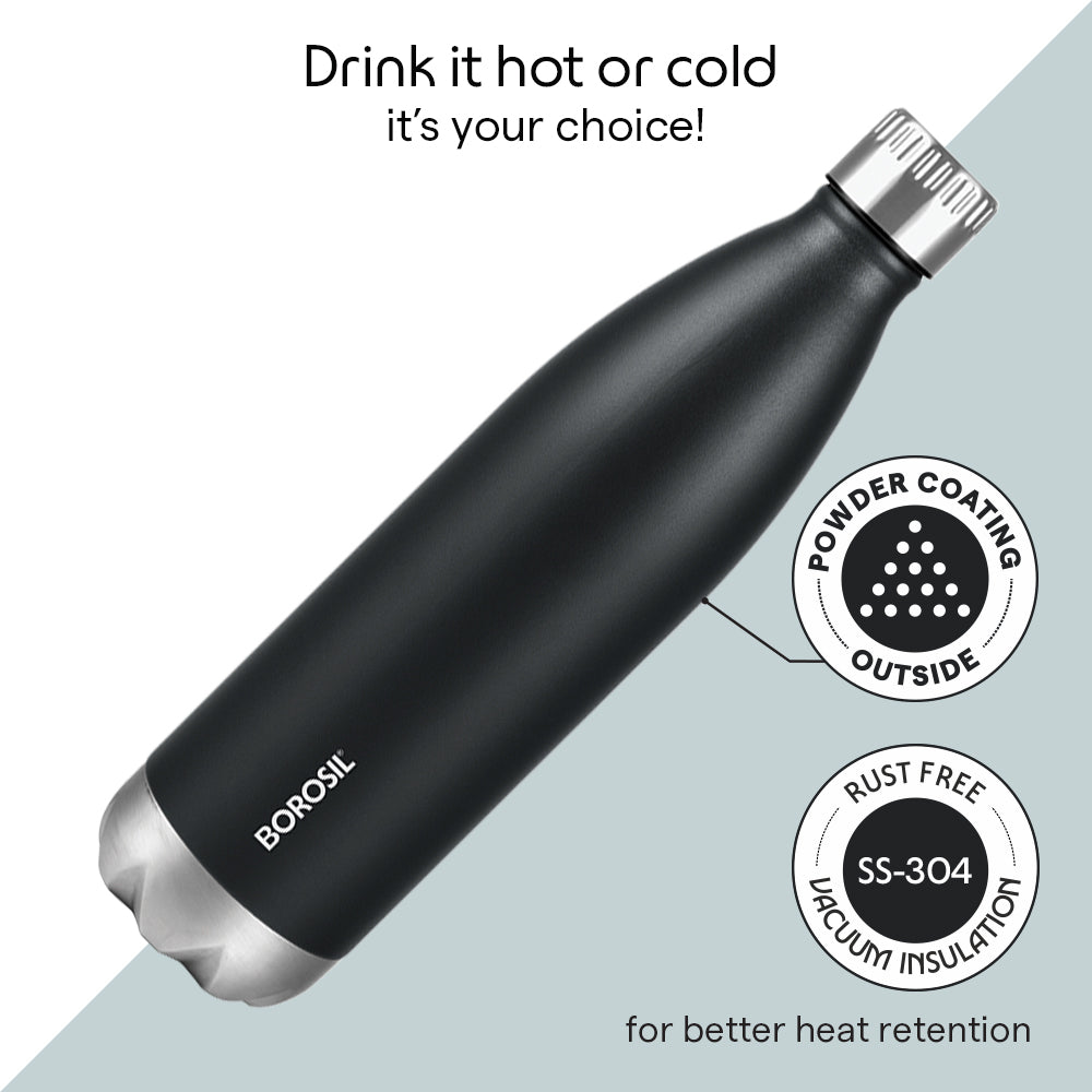 Borosil Bolt Insulated Bottle 1L, Matte Black