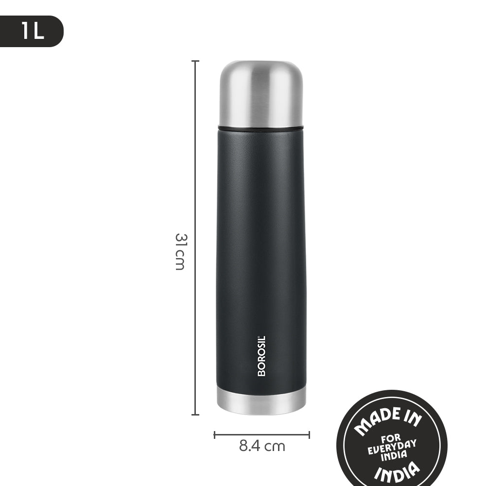Borosil Thermo Double Wall Insulated Bottle 1L, Matte Black