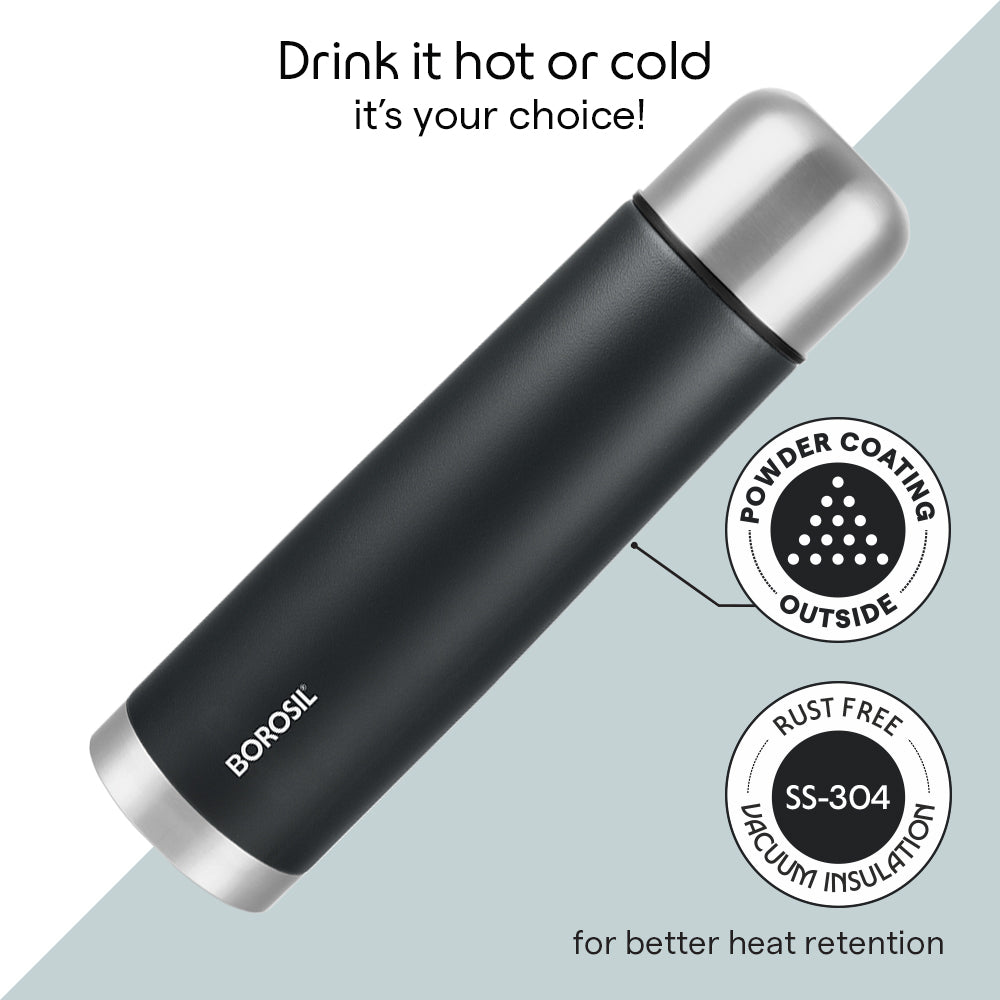 Borosil Thermo Double Wall Insulated Bottle 1L, Matte Black