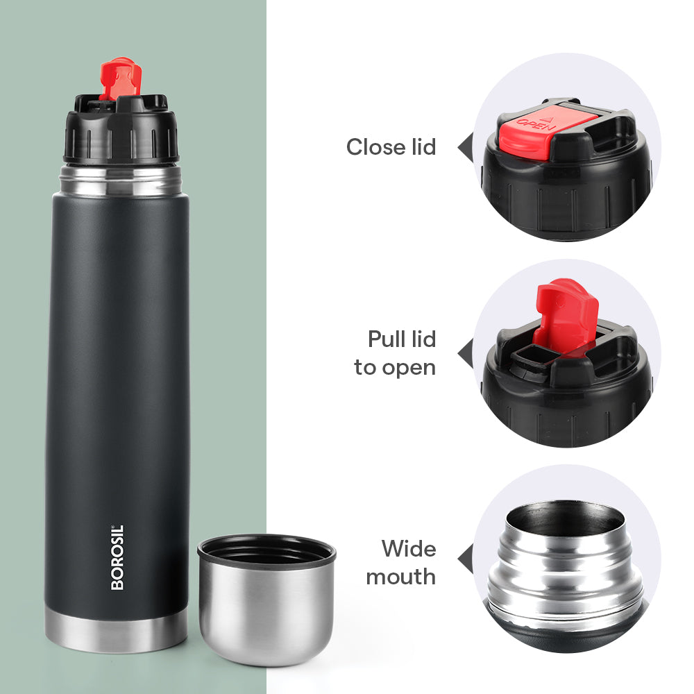 Borosil Thermo Double Wall Insulated Bottle 1L, Matte Black