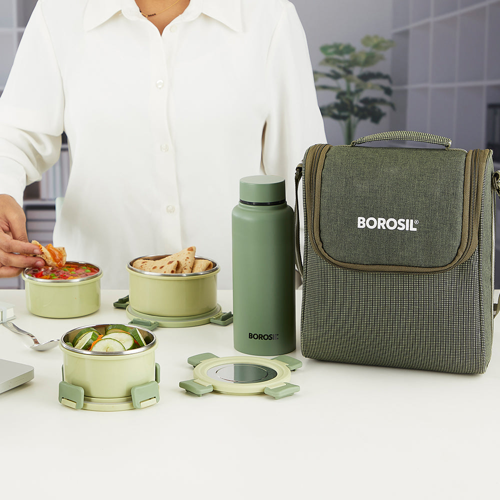 Borosil Glory Green Lunchbox w SS Bottle, (460ml x 1) + (280ml x 2) + (600ml Bottle x 1)