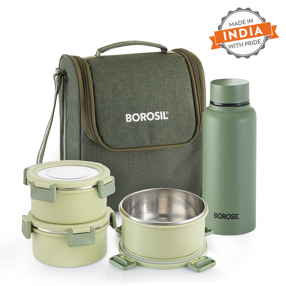 Borosil Glory Green Lunchbox w SS Bottle, (460ml x 1) + (280ml x 2) + (600ml Bottle x 1)