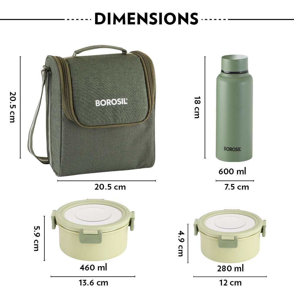 Borosil Glory Green Lunchbox w SS Bottle, (460ml x 1) + (280ml x 2) + (600ml Bottle x 1)