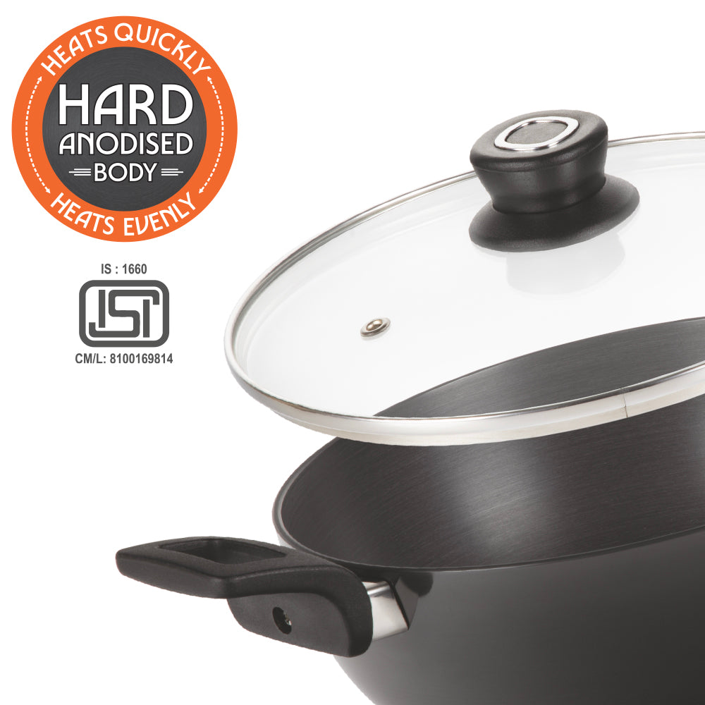 Hard Anodized Induction Base Deep Kadhai W Glass Lid, 22 cm / 2L