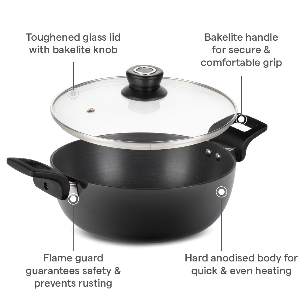 Hard Anodized Induction Base Deep Kadhai W Glass Lid, 22 cm / 2L