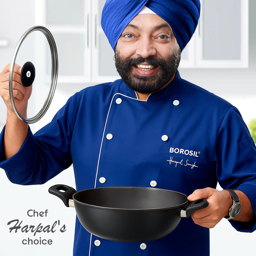 Hard Anodized Induction Base Deep Kadhai W Glass Lid, 22 cm / 2L
