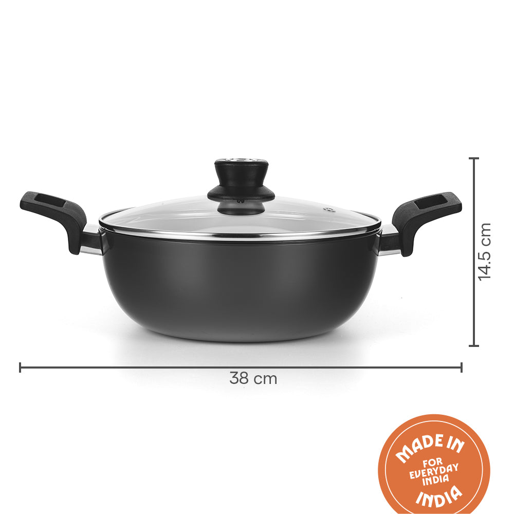 Hard Anodized Induction Base Deep Kadhai W Glass Lid, 24 cm / 3L
