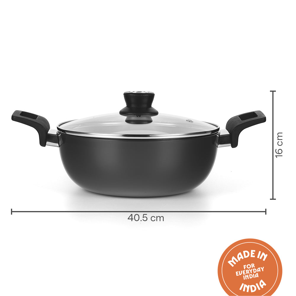 Hard Anodized Induction Base Deep Kadhai W Glass Lid, 26 cm / 4L