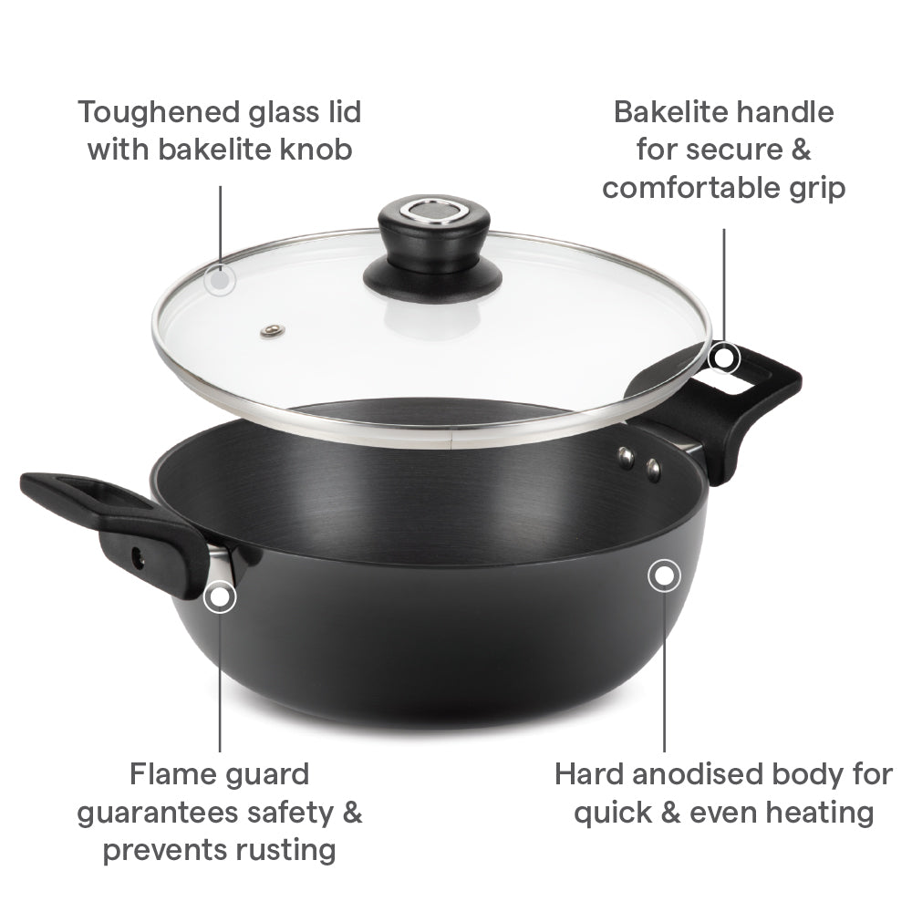 Hard Anodized Induction Base Deep Kadhai W Glass Lid, 26 cm / 4L