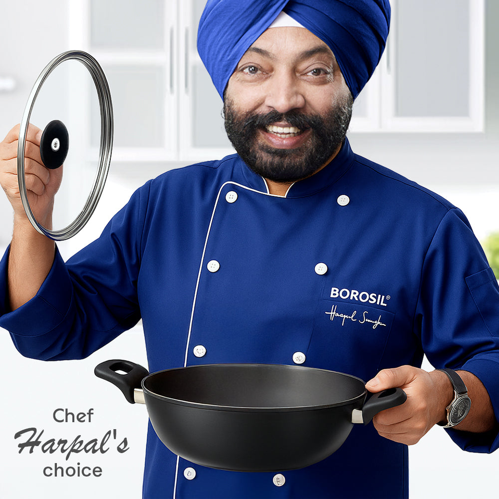 Hard Anodized Induction Base Deep Kadhai W Glass Lid, 28 cm / 5L