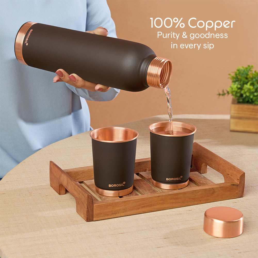 Borosil ECO Colour Copper Bottle & Glass Set, Brown